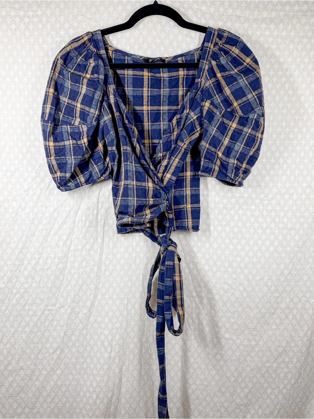 Madewell Blue Tan Plaid Sweetheart Wrap Top